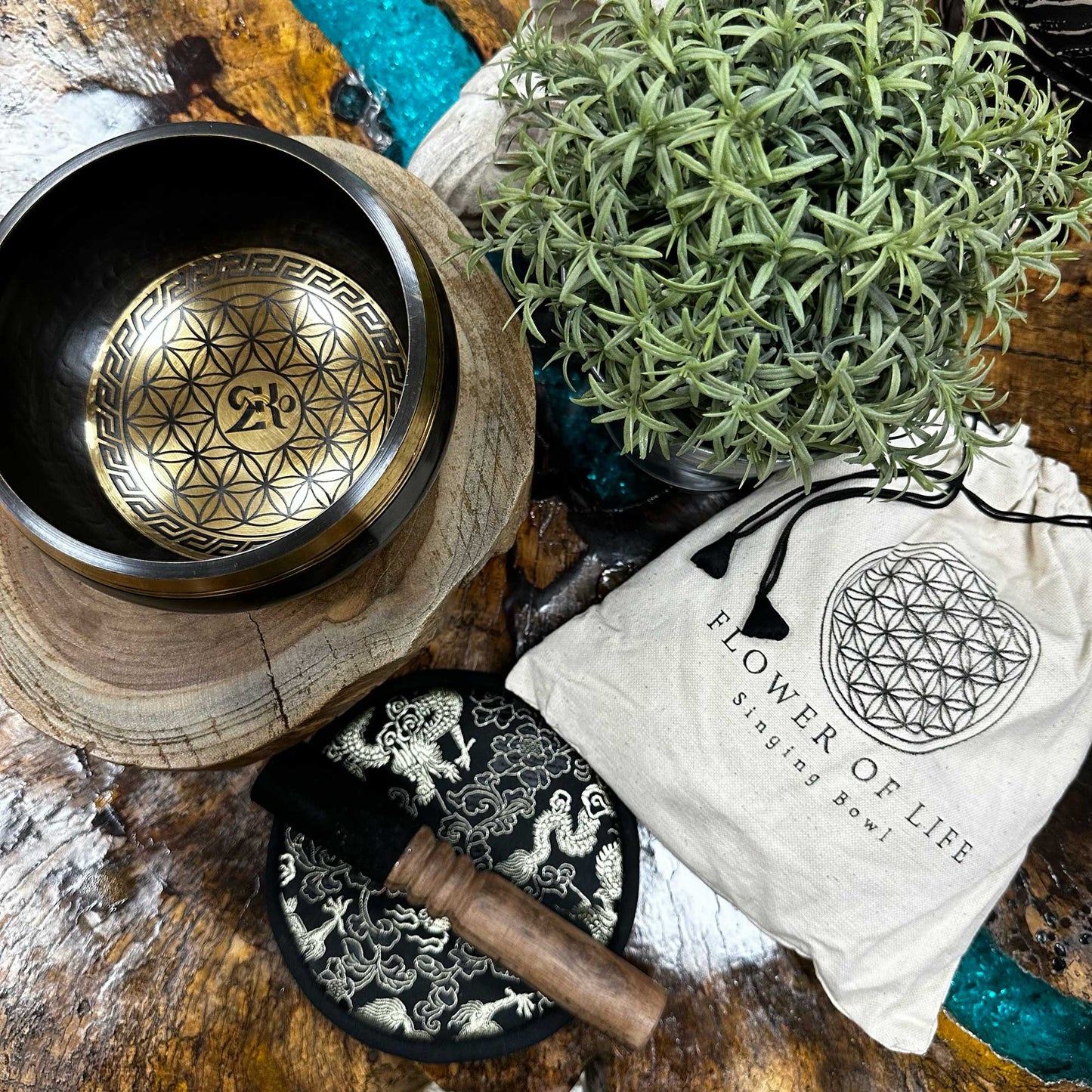 Flower of Life Singing Bowl Gift Set with cushion, mallet, and cotton pouch (14cm)