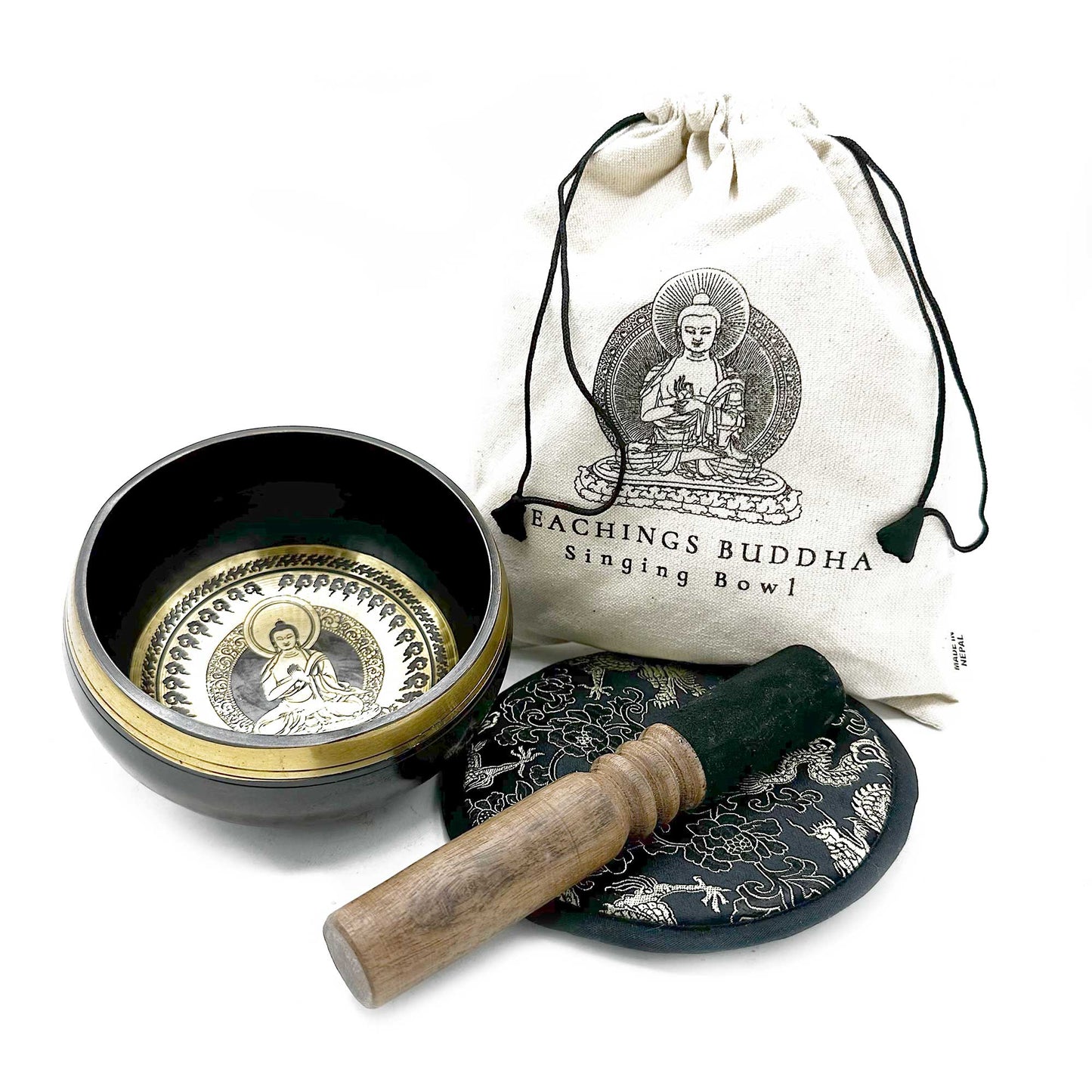 Teachings Buddha Singing Bowl Gift Set with mallet, cushion, and drawstring pouch (14cm)