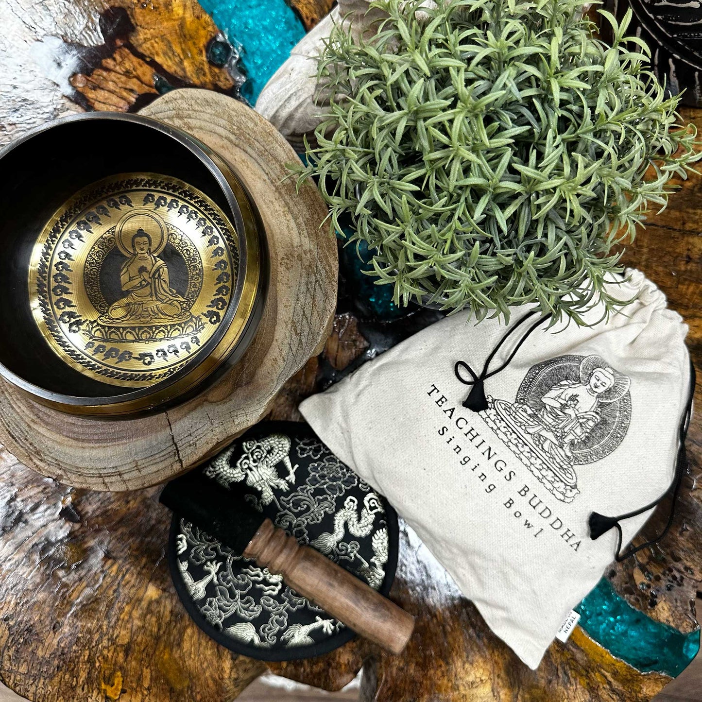 Teachings Buddha Singing Bowl Gift Set with mallet, cushion, and drawstring pouch (14cm)