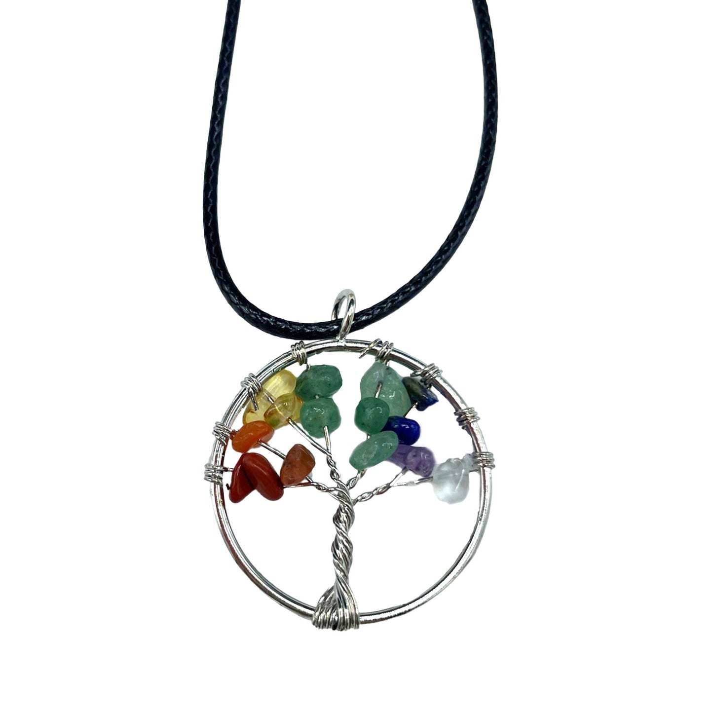 "Tree of Life Pendant featuring seven Chakra gemstones arranged in a rainbow design, crafted with silver wire on a black cord."