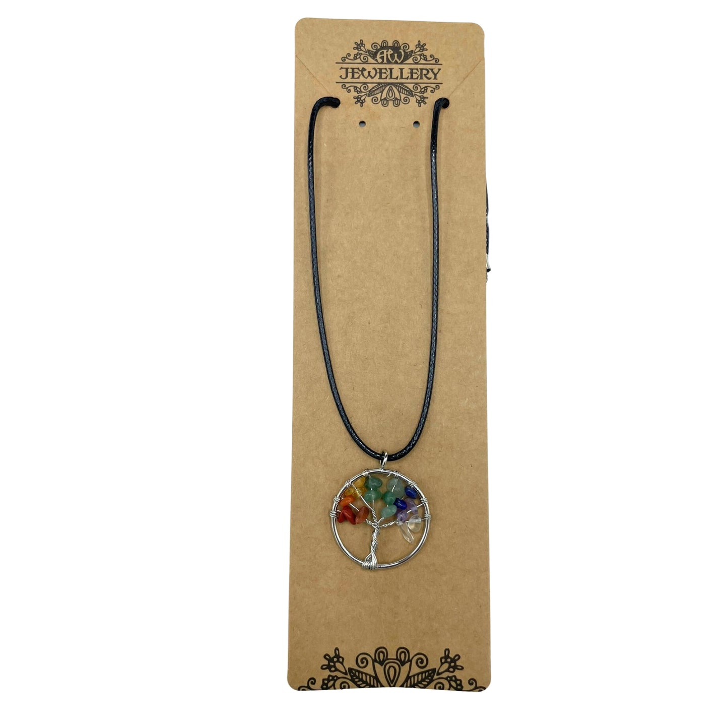 "Tree of Life Pendant featuring seven Chakra gemstones arranged in a rainbow design, crafted with silver wire on a black cord."