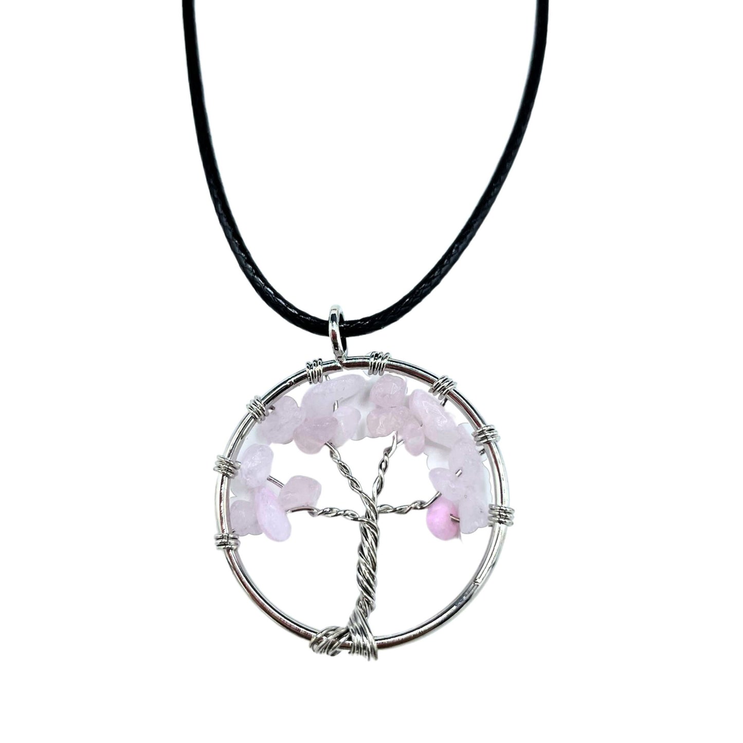 "Tree of Life Pendant with soft pink Rose Quartz gemstone, delicately wire-wrapped in silver and suspended on a black cord necklace."