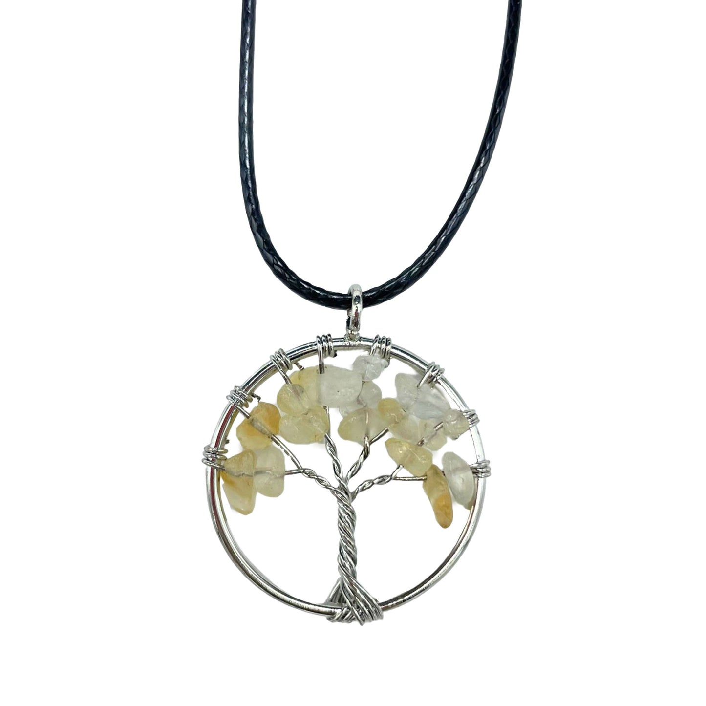 "Tree of Life Pendant featuring a glowing orange Carnelian gemstone, delicately wire-wrapped in silver, suspended on a black cord."