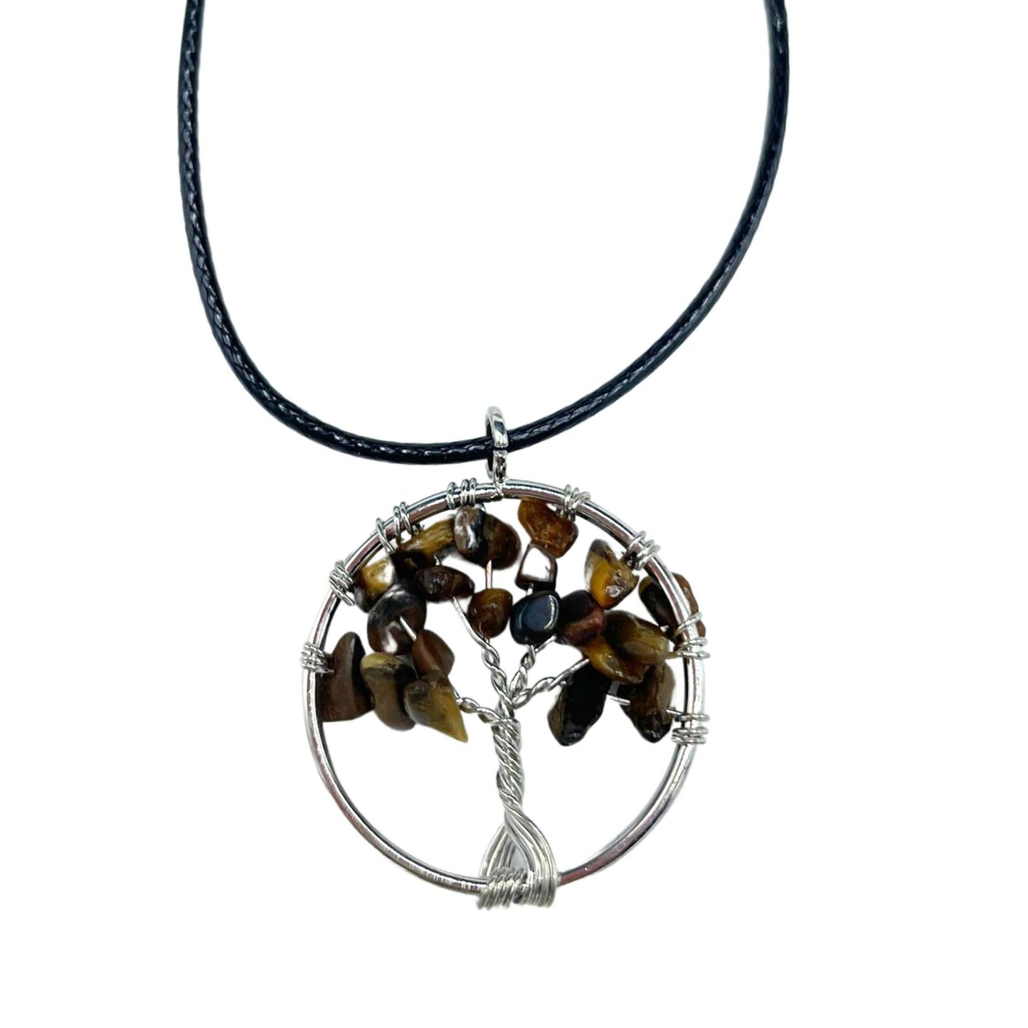 "Tree of Life Pendant featuring a golden-brown Tiger’s Eye gemstone, delicately wire-wrapped in silver, hanging on a black cord necklace."