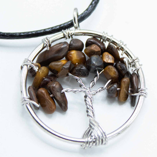 "Tree of Life Pendant featuring a golden-brown Tiger’s Eye gemstone, delicately wire-wrapped in silver, hanging on a black cord necklace."