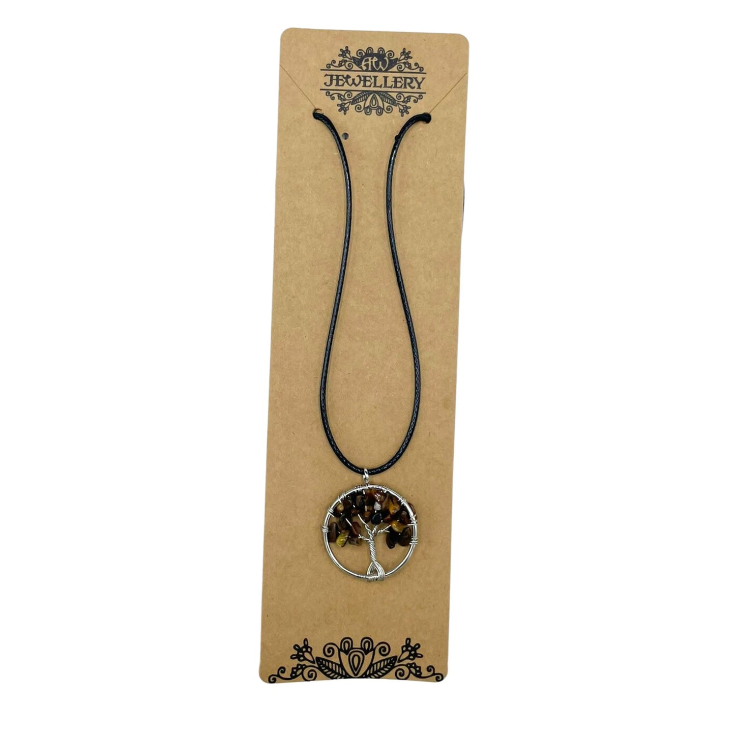 "Tree of Life Pendant featuring a golden-brown Tiger’s Eye gemstone, delicately wire-wrapped in silver, hanging on a black cord necklace."