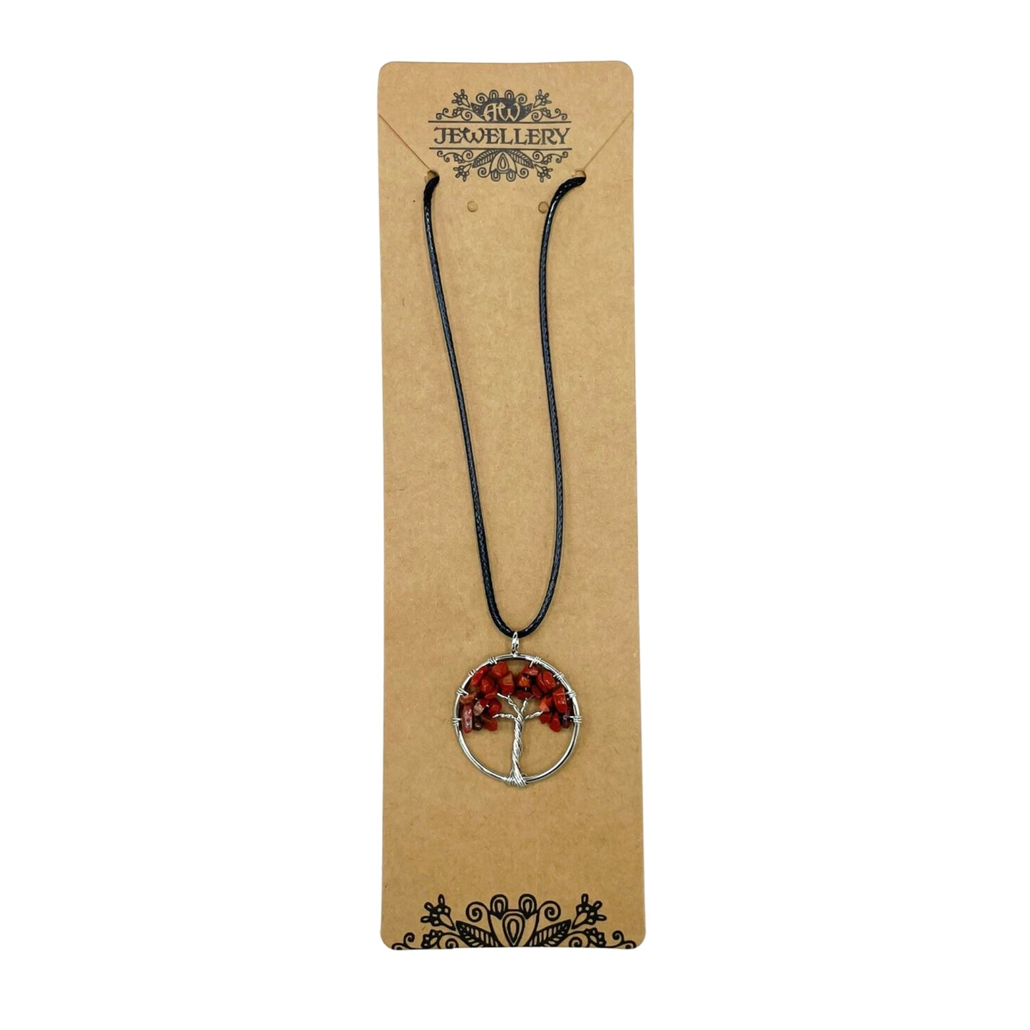 "Tree of Life Pendant featuring a deep red Jasper gemstone in a delicately wire-wrapped silver design, suspended on a black cord."