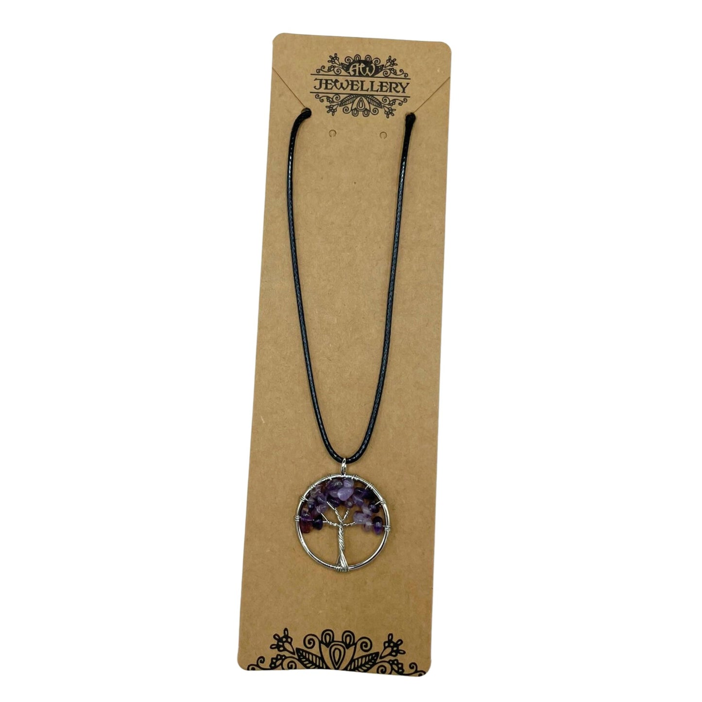 "Tree of Life Pendant featuring a natural Amethyst gemstone in a silver wire-wrapped design, suspended on a black cord."