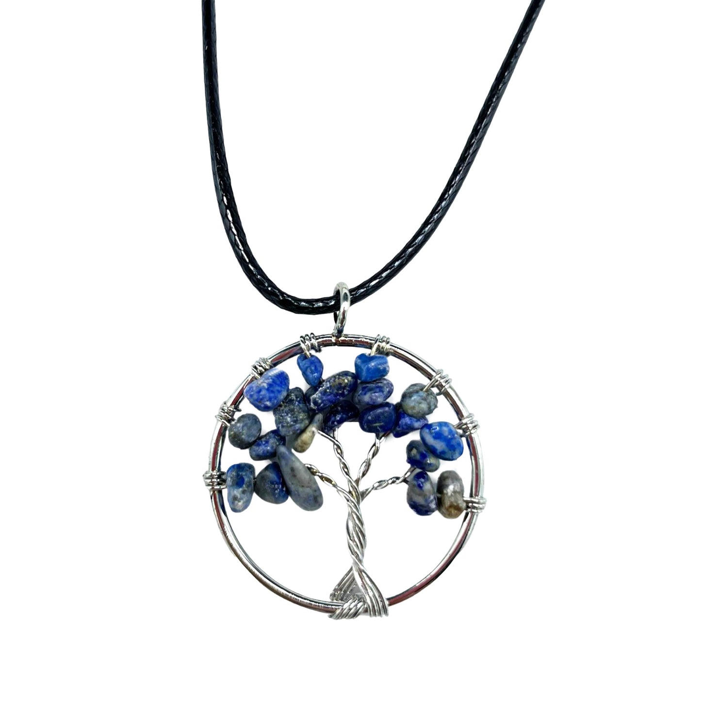 "Tree of Life Pendant with sodalite gemstone, handcrafted wire-wrapped branches on a black cord necklace."