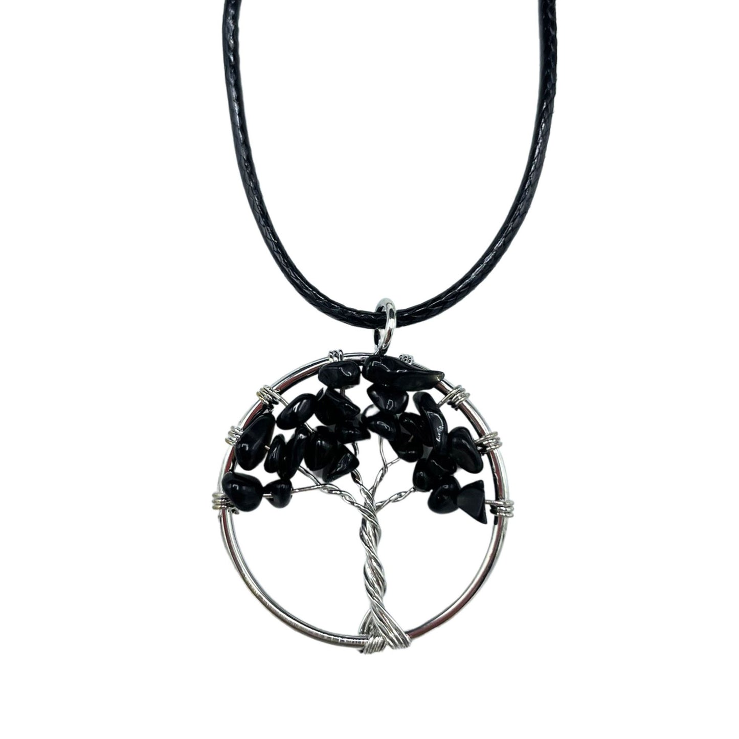 "Tree of Life pendant with black agate gemstone, silver wire-wrapped branches on a black cord necklace."