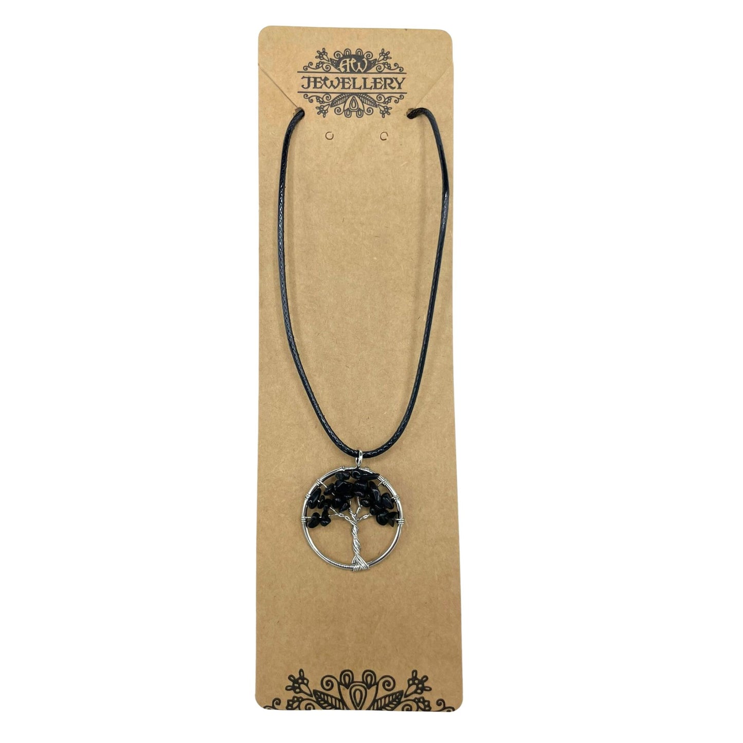 "Tree of Life pendant with black agate gemstone, silver wire-wrapped branches on a black cord necklace."
