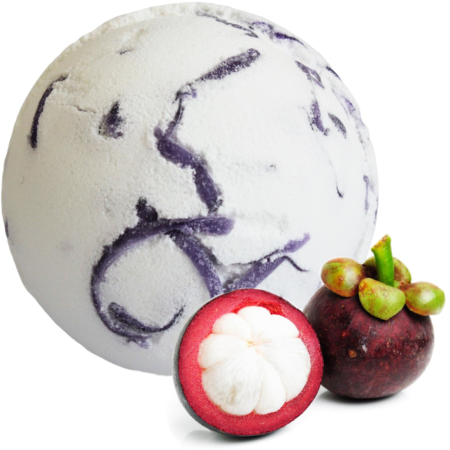 Tropical Paradise bath bomb with mangosteen scent, coconut butter, and foaming soap peelings for an exotic, skin-softening bath.