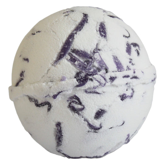Tropical Paradise bath bomb with mangosteen scent, coconut butter, and foaming soap peelings for an exotic, skin-softening bath.