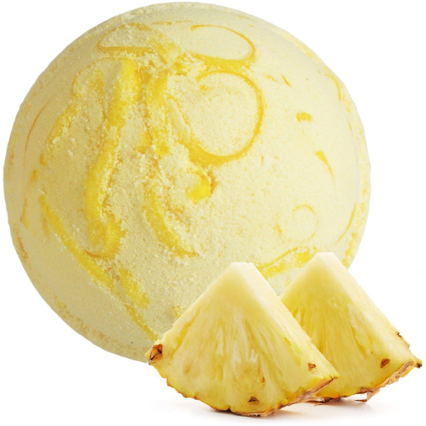 Tropical Paradise bath bomb with pineapple scent, coconut butter, and soap peelings for a refreshing, skin-softening soak.
