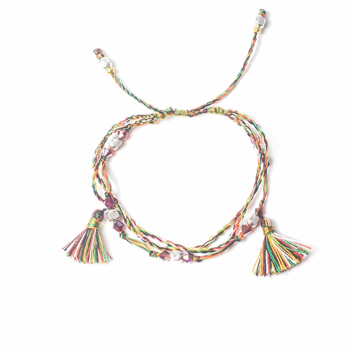 Temple String Bracelet with five coloured threads and silver beads symbolising faith, balance, and the five beliefs of Panca Dathu.