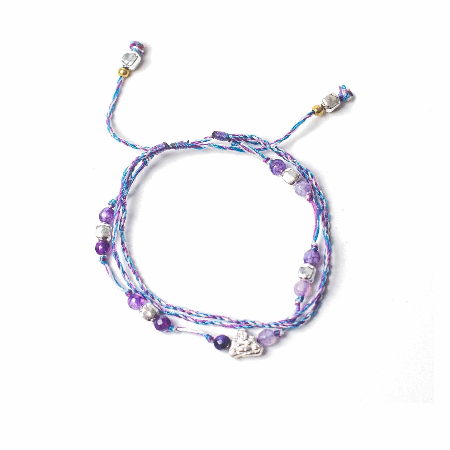 Temple String Bracelet with silver Buddha charm for protection, good fortune, and spiritual strength.