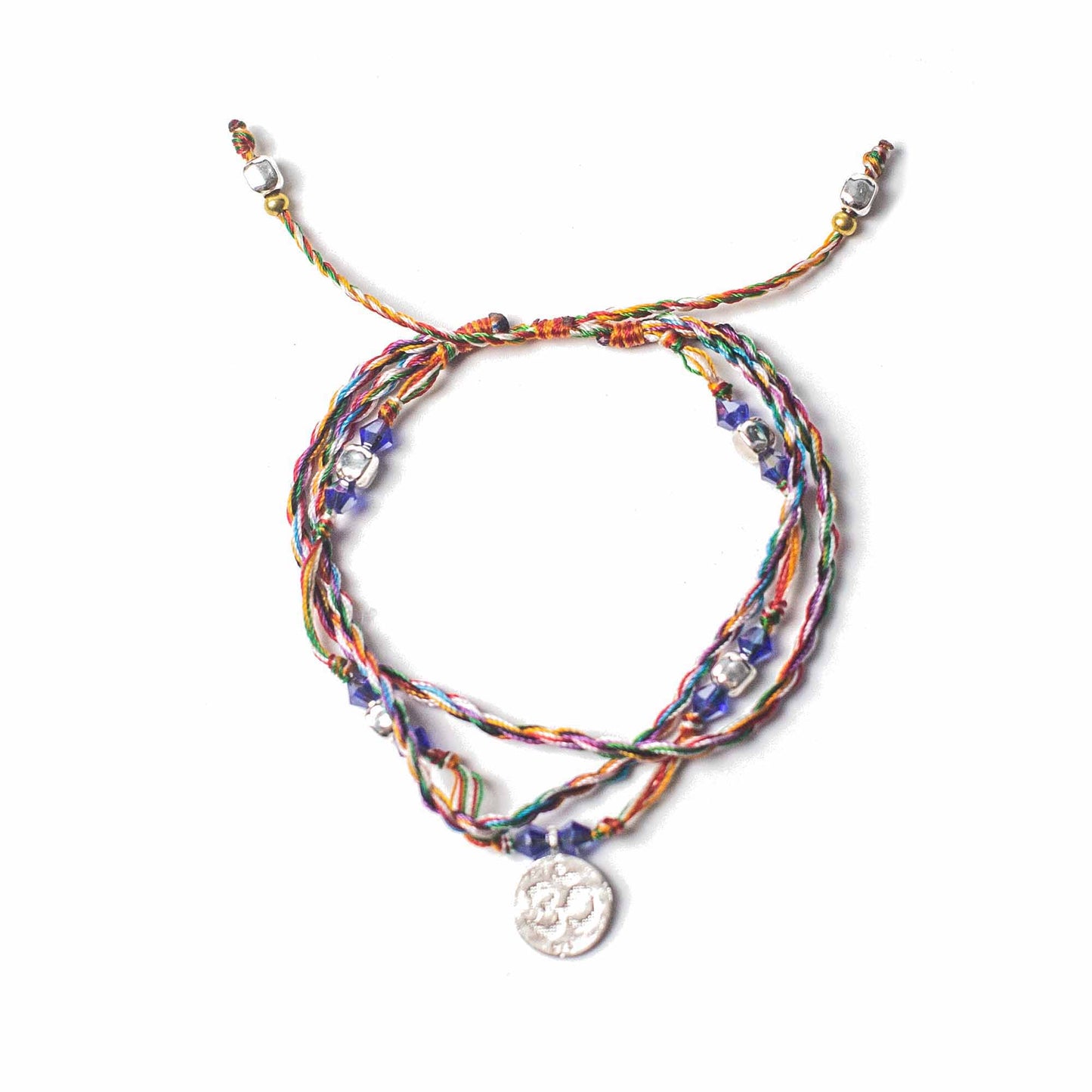 Multi-coloured Temple String Bracelet with silver Om charm symbolizing serenity, mindfulness, and presence.