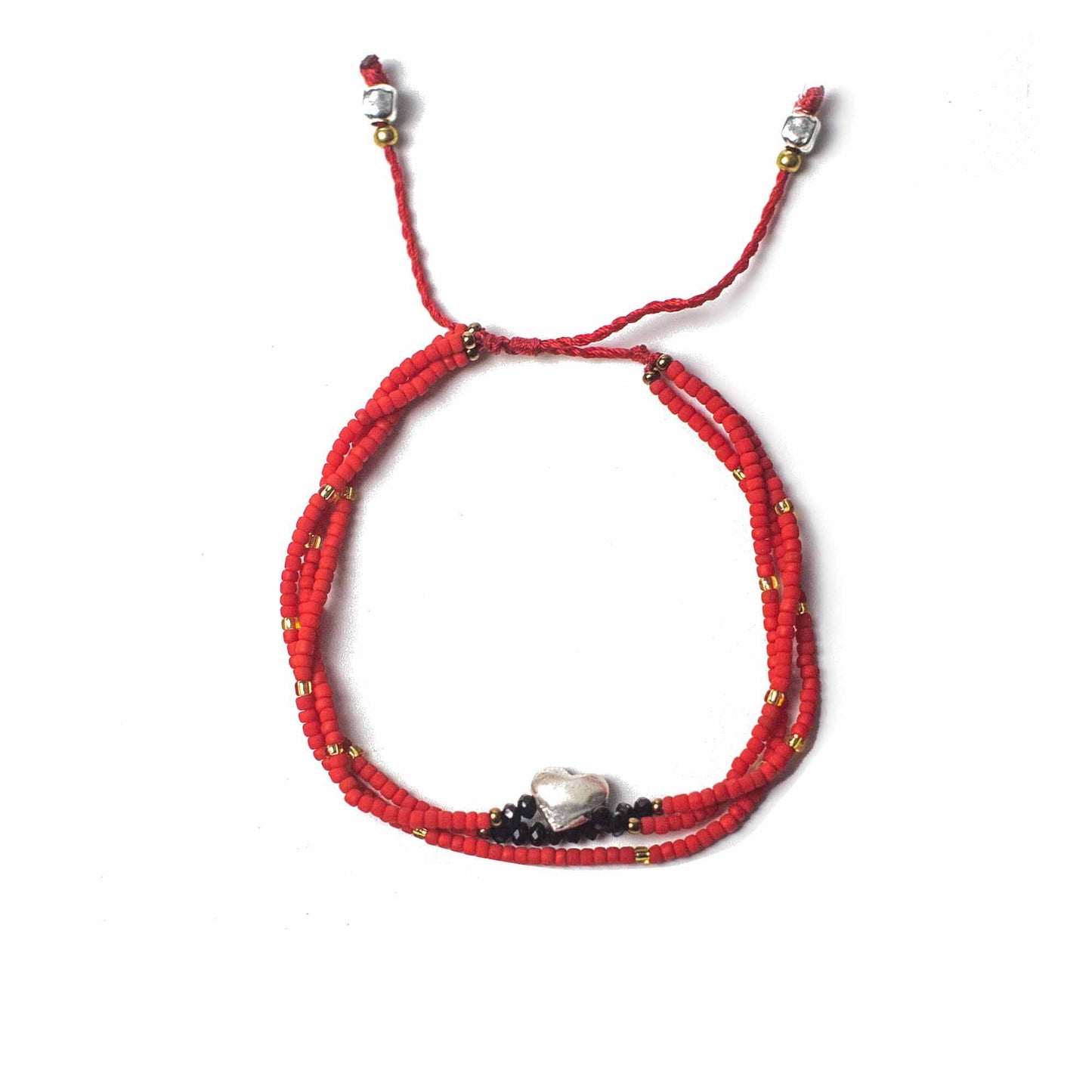 Red Temple String Bracelet with silver heart charm symbolizing unconditional love and emotional peace.