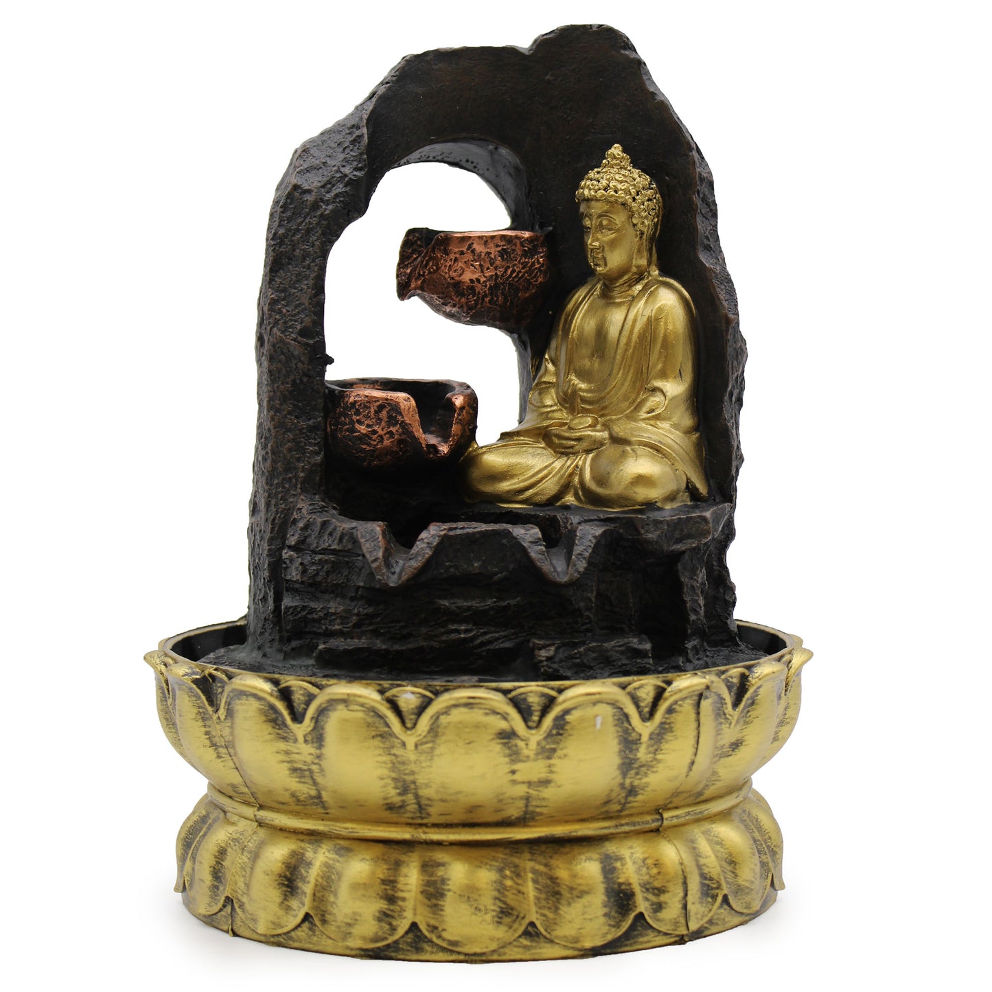 Tabletop Water Feature with golden meditating Buddha and cascading cups