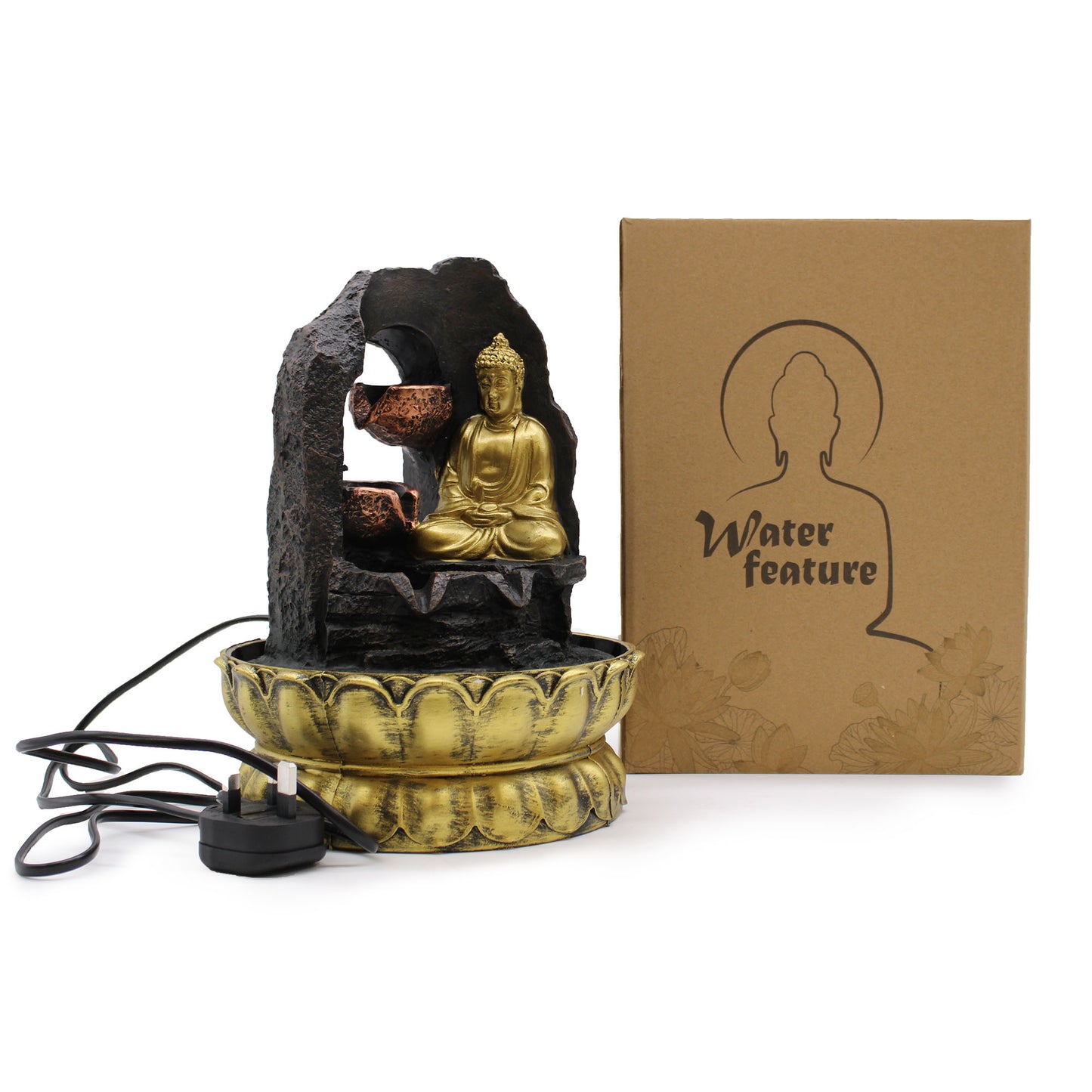 Tabletop Water Feature with golden meditating Buddha and cascading cups