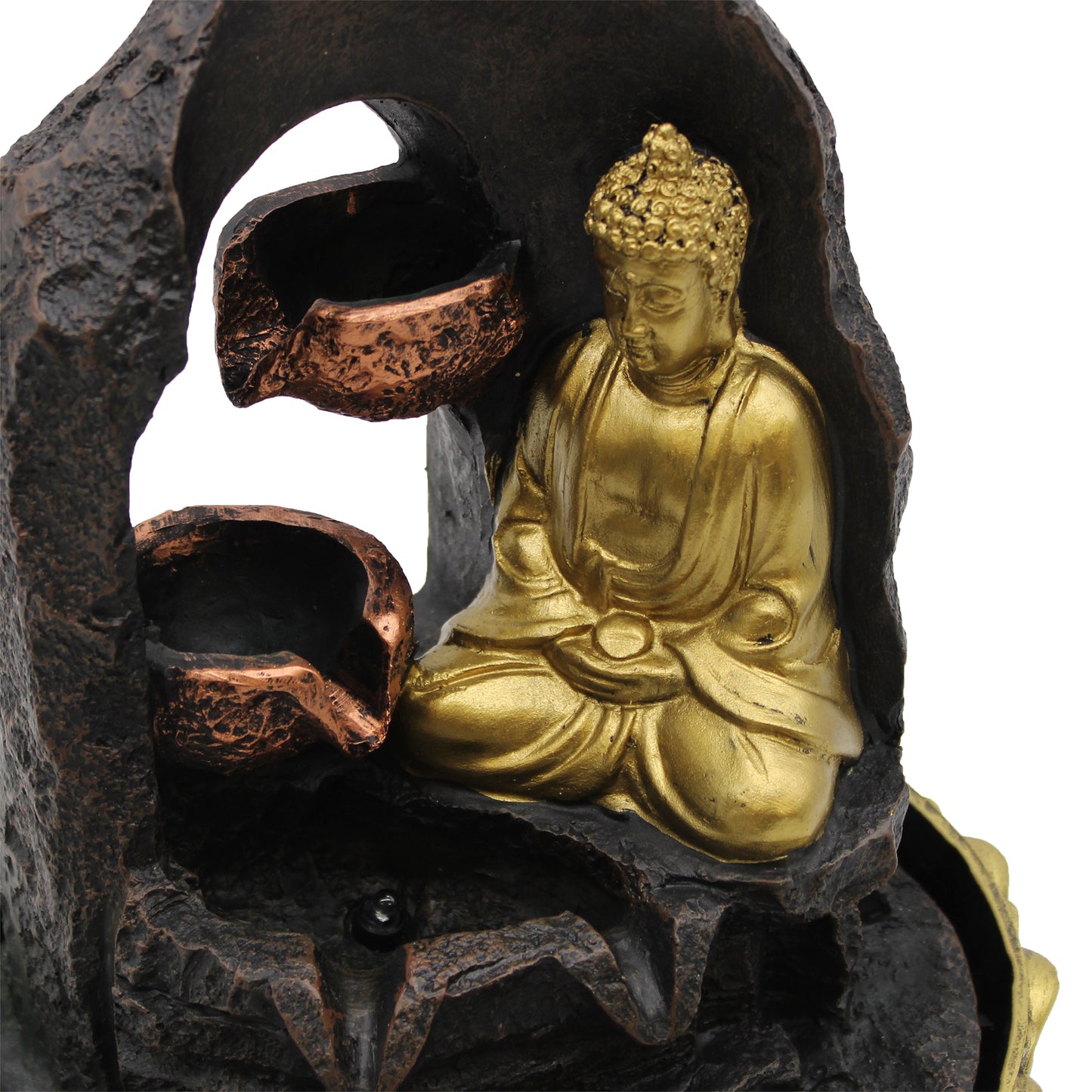Tabletop Water Feature with golden meditating Buddha and cascading cups