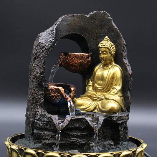 Tabletop Water Feature with golden meditating Buddha and cascading cups