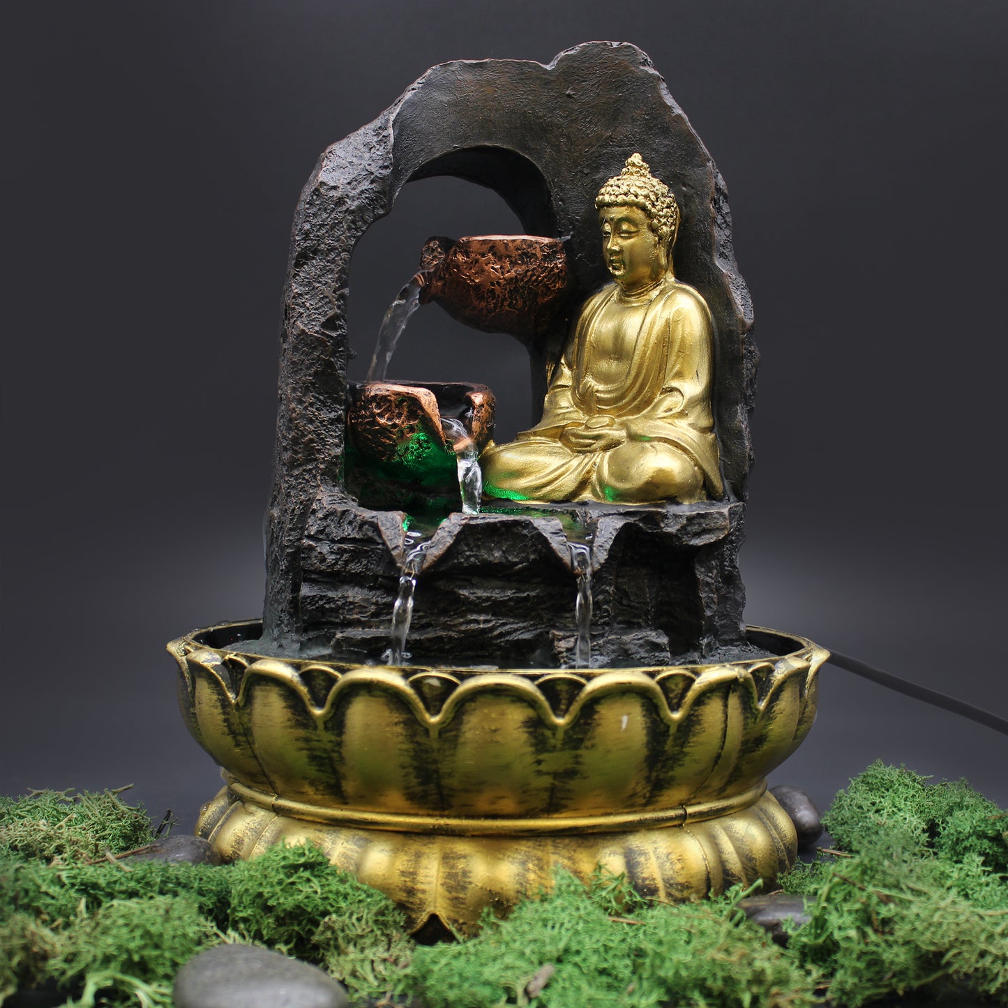 Tabletop Water Feature with golden meditating Buddha and cascading cups