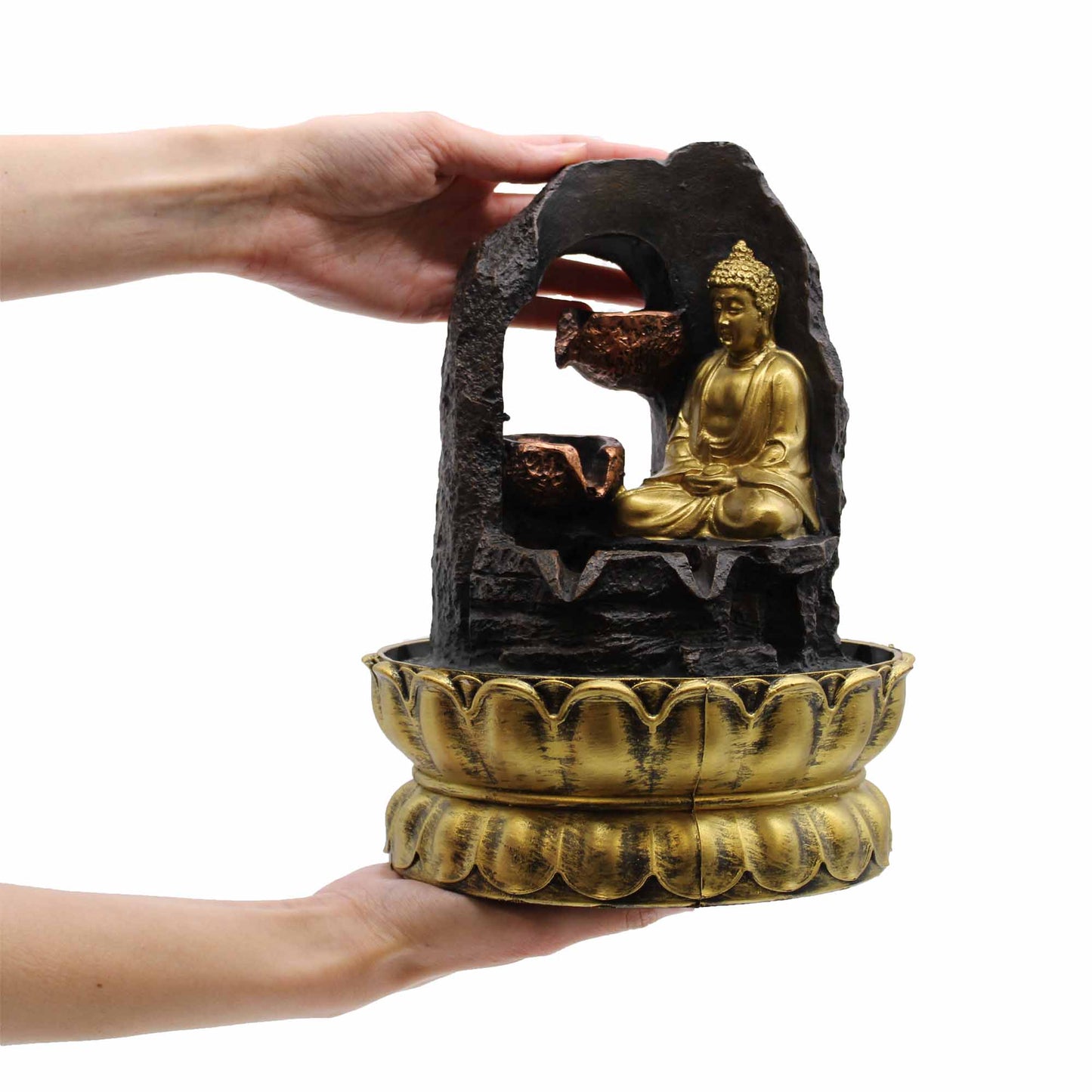 Tabletop Water Feature with golden meditating Buddha and cascading cups