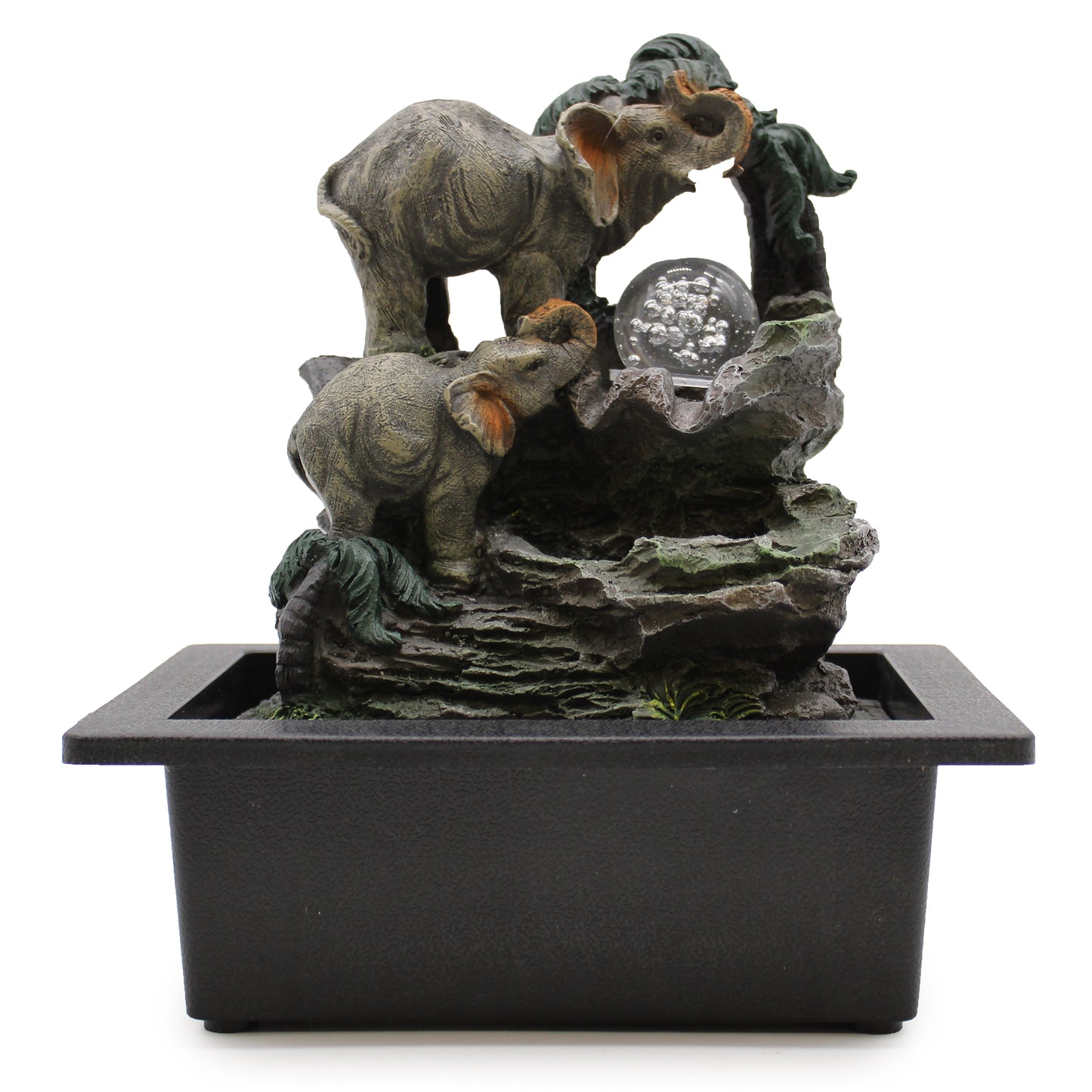 Tabletop Water Feature with parent and baby elephants, LED orb and waterfall