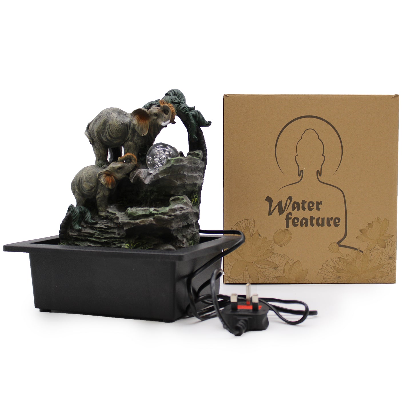 Tabletop Water Feature with parent and baby elephants, LED orb and waterfall