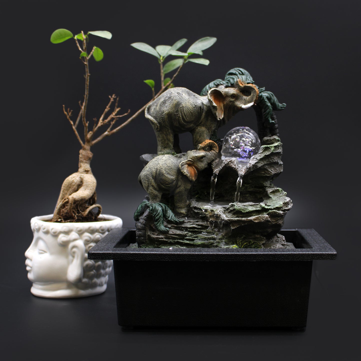 Tabletop Water Feature with parent and baby elephants, LED orb and waterfall