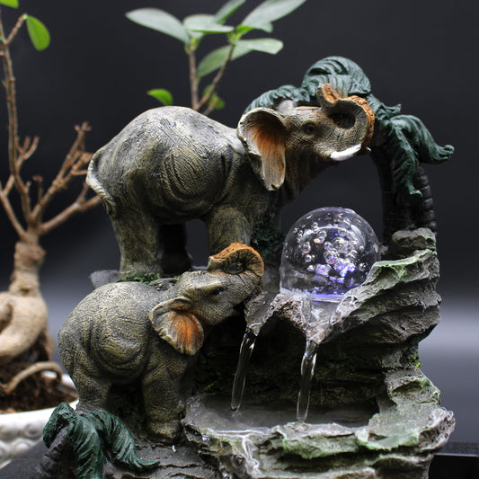 Tabletop Water Feature with parent and baby elephants, LED orb and waterfall