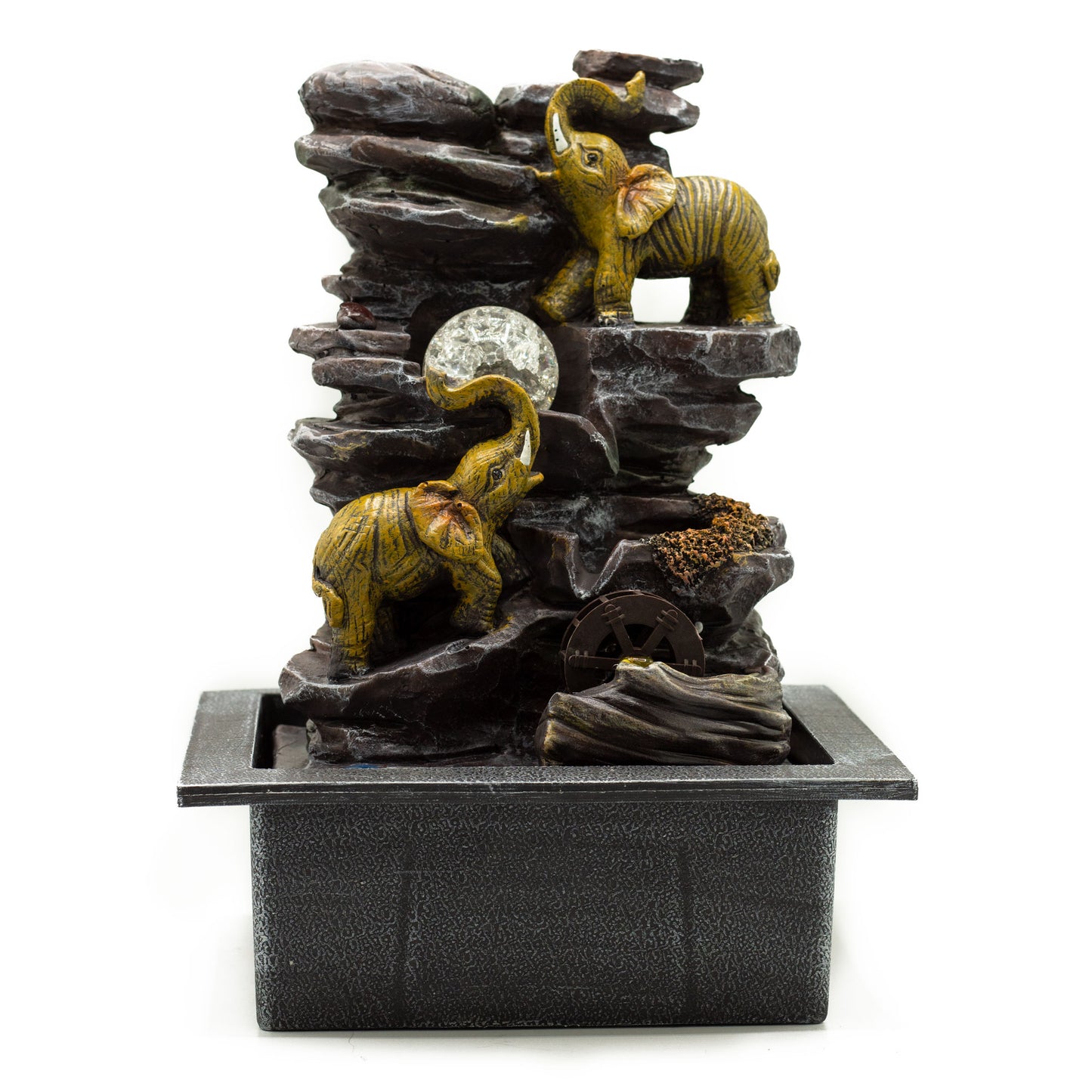 Tabletop Water Feature with elephants, crystal ball, and water wheel on rocky base