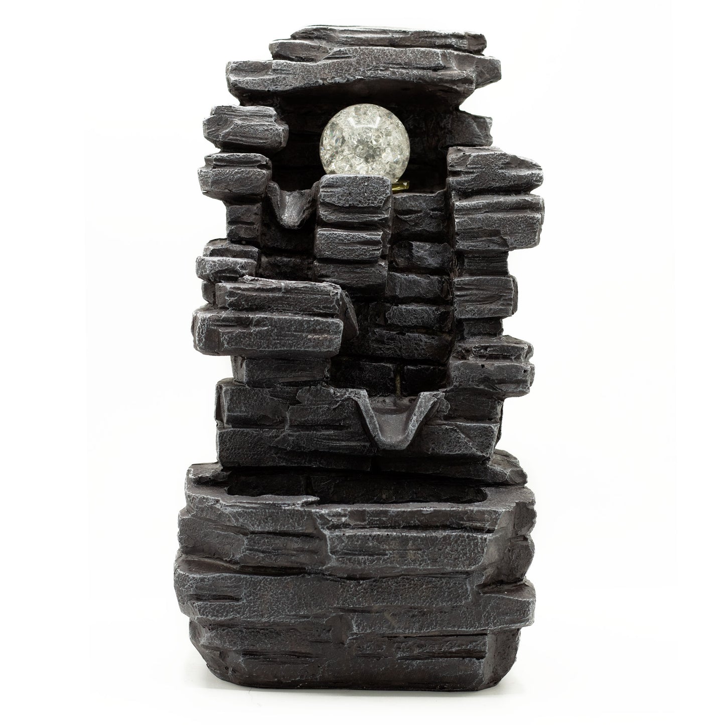 Tabletop Water Feature with stacked rock formation and rotating crystal-effect orb