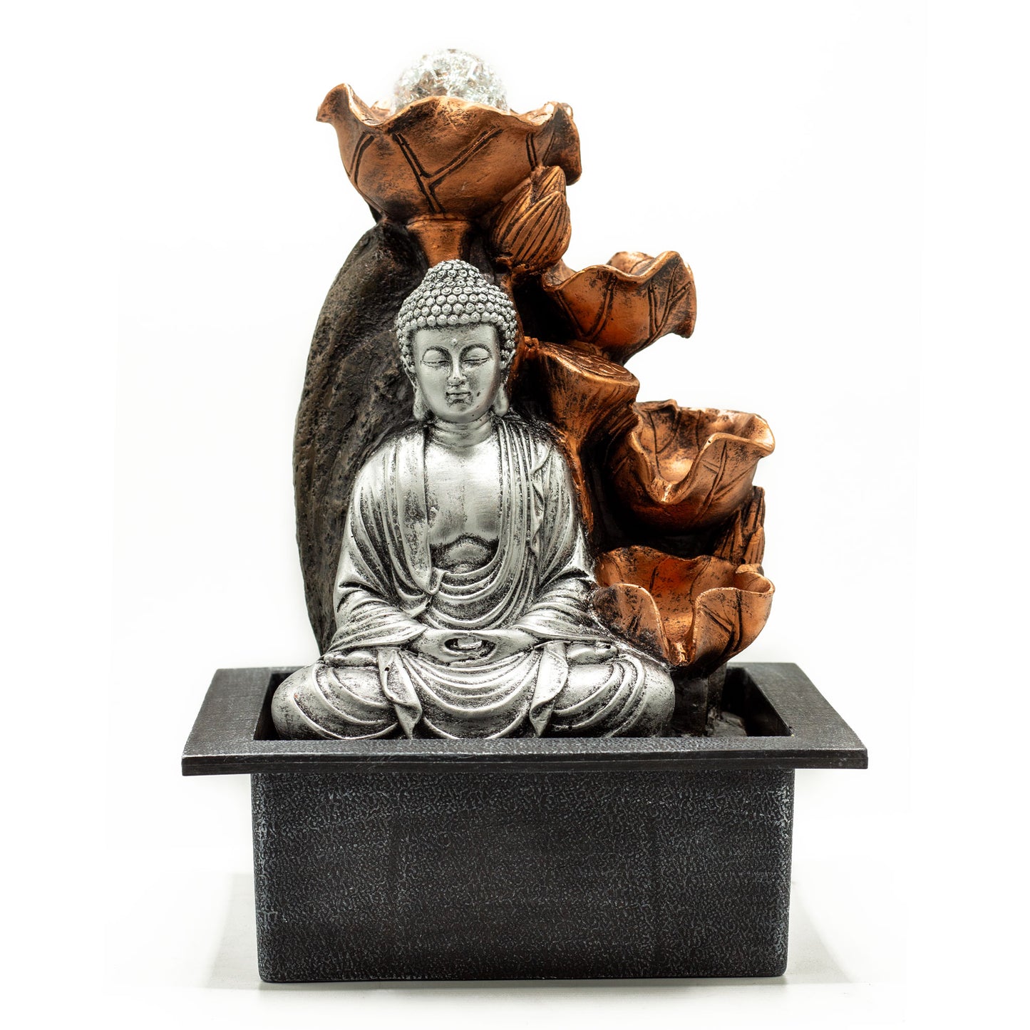 Silver Buddha Tabletop Water Feature with lotus cup cascade and crystal-effect ball