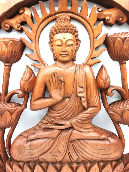 Hand-carved Suar wood Buddha & Lotus wall panel with sunburst frame (40cm)