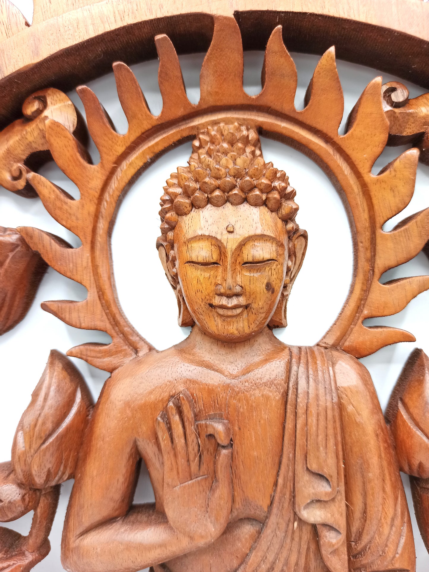 Hand-carved Suar wood Buddha & Lotus wall panel with sunburst frame (40cm)