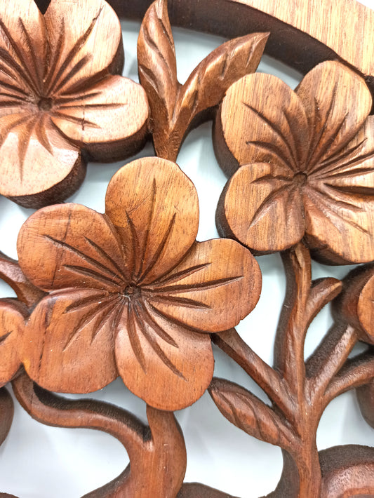 Tree of Life with Frangipani flowers hand-carved into Suar wood wall panel (40cm)