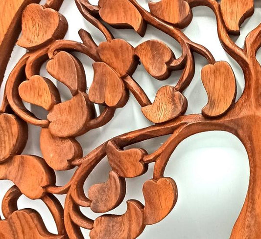 Tree of Life Love panel hand-carved in Suar wood with heart-shaped leaves (40cm)