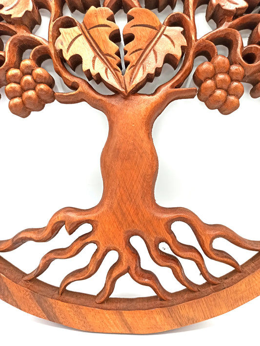 Tree of Life Grapes panel hand-carved in Suar wood (40cm) with vines and grape clusters