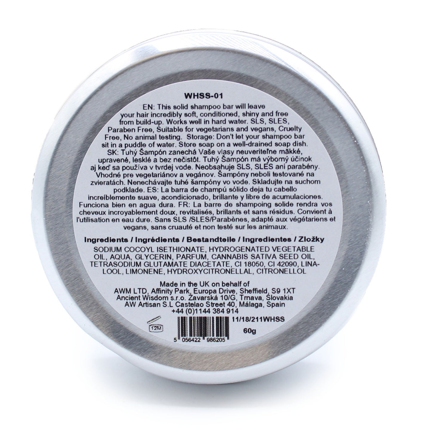 Plastic-free orchid shampoo bar with hemp oil for hair repair and growth, 60g solid shampoo in aluminium travel tin