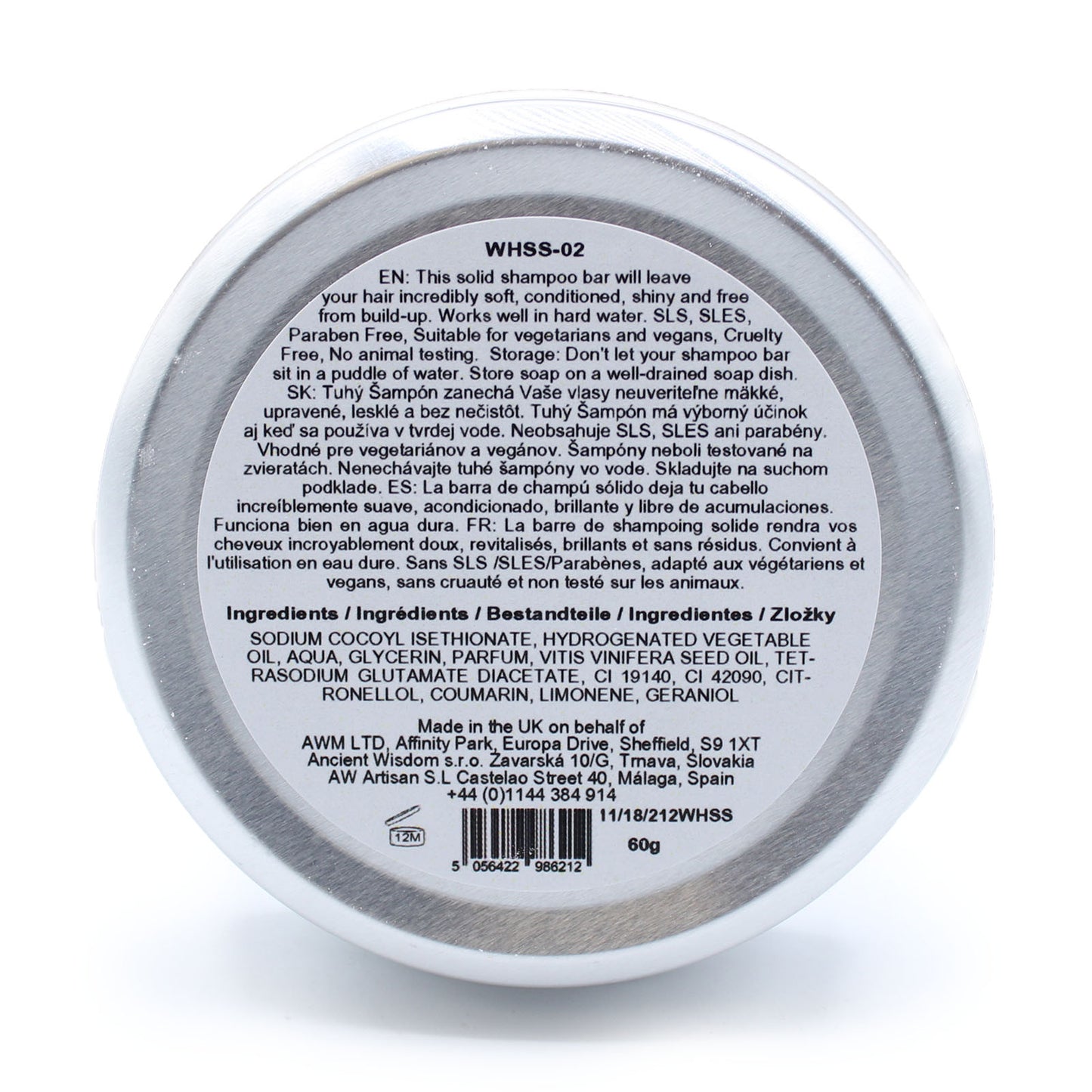 Aloe vera solid shampoo bar for frizz control with grapeseed oil, plastic-free 60g bar in aluminium travel tin