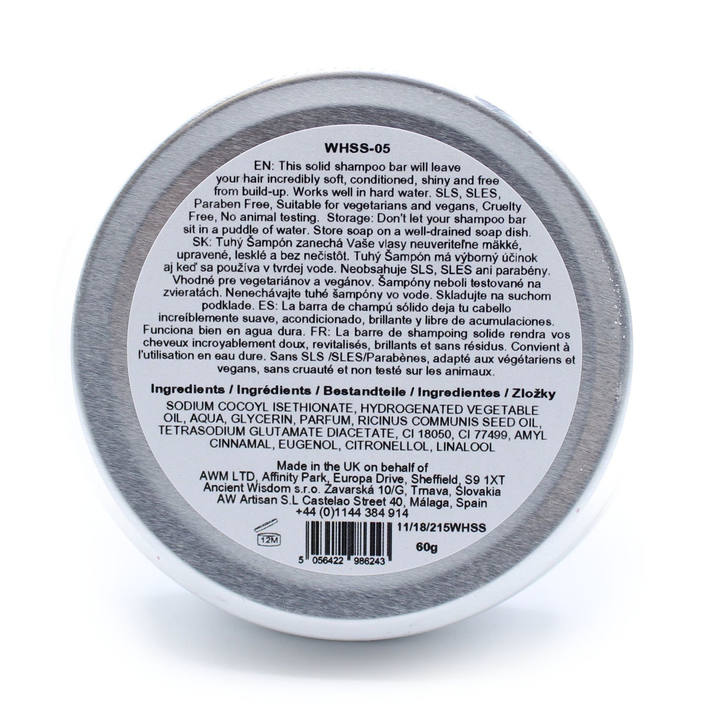 Anti-dandruff cherry-scented solid shampoo bar with castor oil, vegan and SLS-free, 60g tin for scalp care and flake control