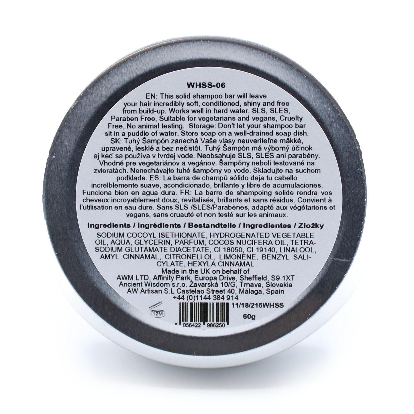 Solid shampoo bar for curly hair with papaya scent and coconut oil, vegan and SLS-free, in a 60g travel-friendly tin for curl hydration and frizz control