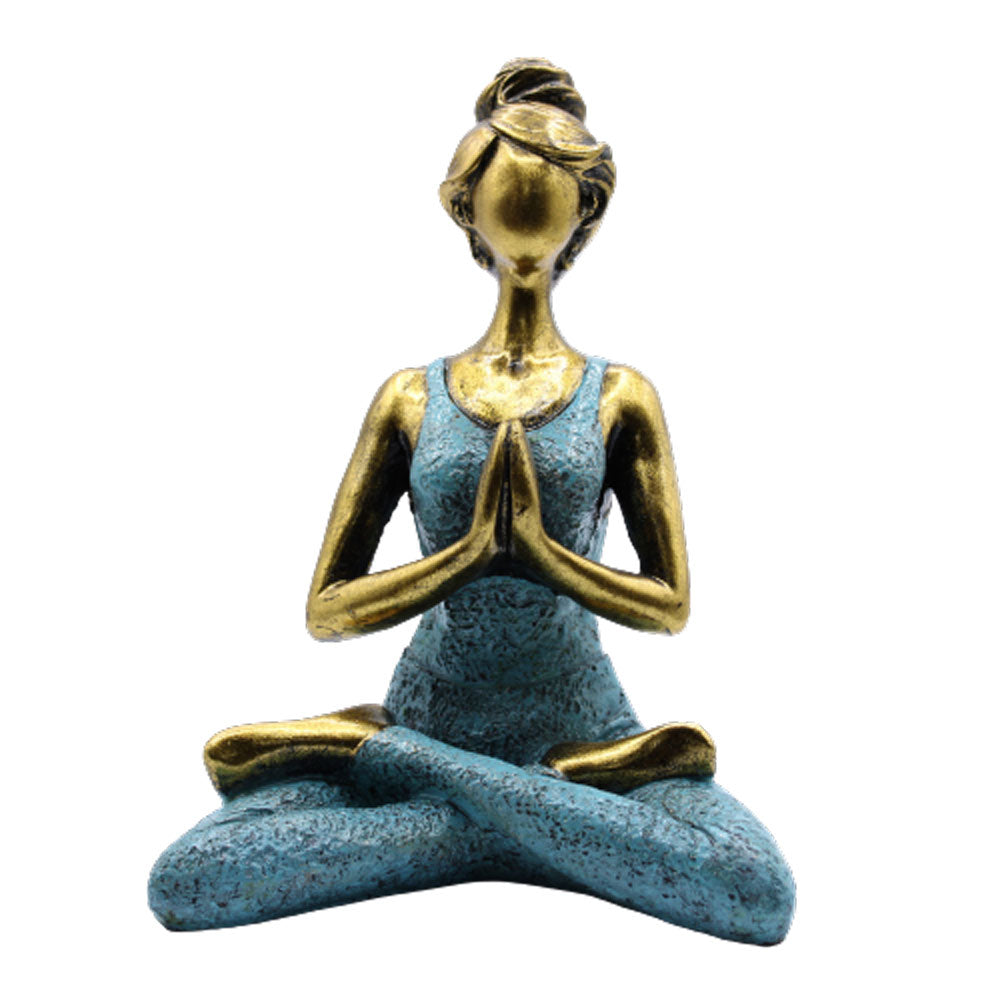 Hand-painted Yoga Lady statue in gold and turquoise, seated in lotus pose with namaste hands