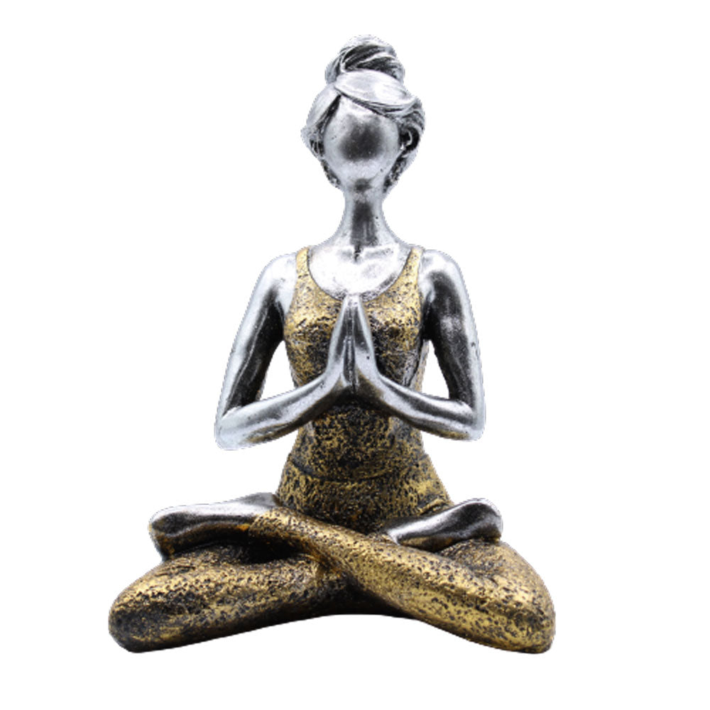 Hand-painted Yoga Lady statue in silver and gold, seated in lotus pose with namaste hands