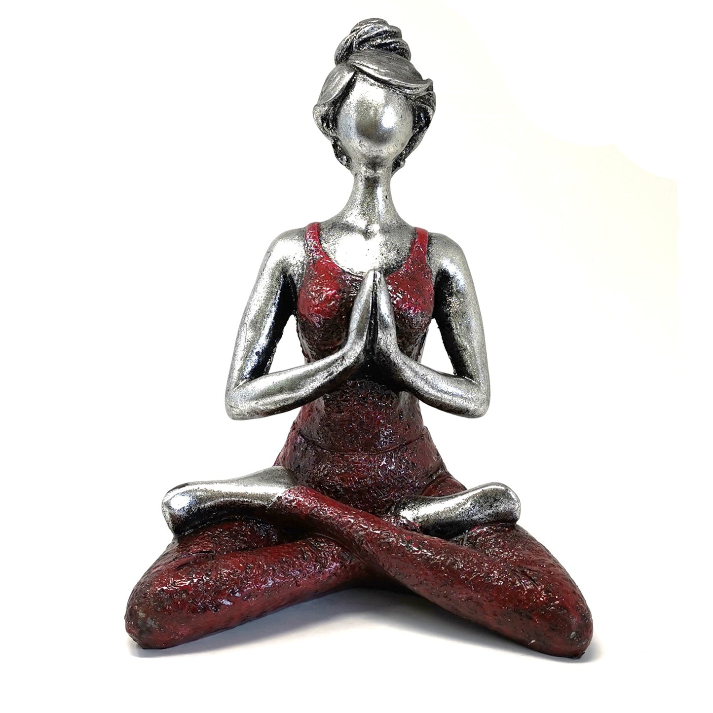Hand-painted Yoga Lady statue in silver and bordeaux, seated in lotus pose with namaste hands