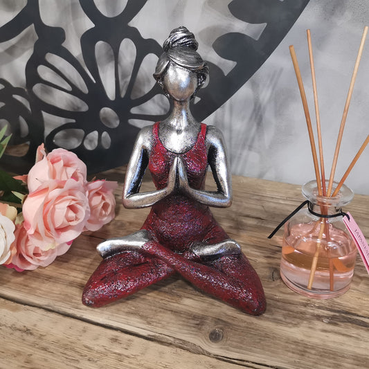 Hand-painted Yoga Lady statue in silver and bordeaux, seated in lotus pose with namaste hands