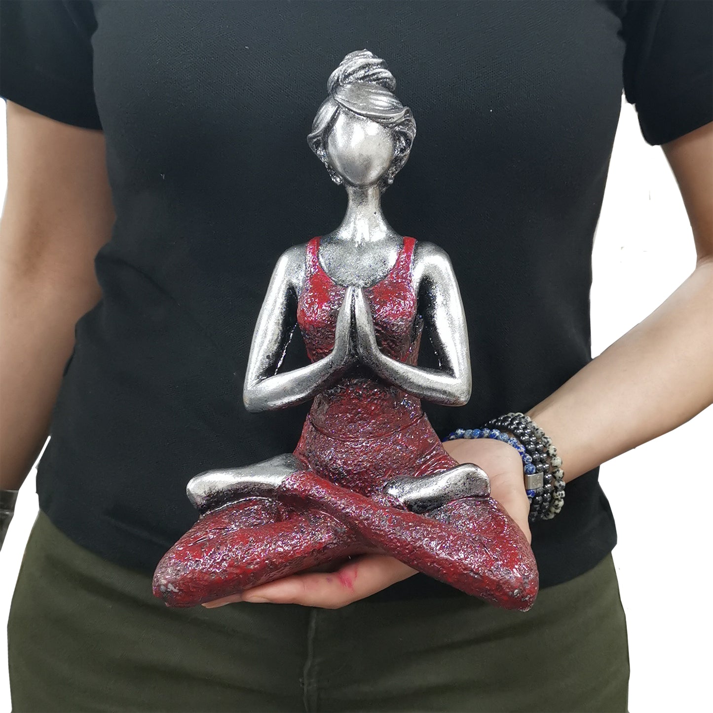 Hand-painted Yoga Lady statue in silver and bordeaux, seated in lotus pose with namaste hands