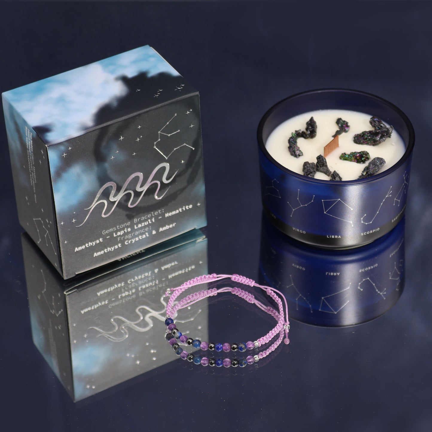 Aquarius Zodiac Crystal Candle with gemstone bracelet, midnight blue jar with constellation and crystals